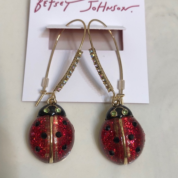 Betsey Johnson Red Glitter Resin Ladybug Drop Earrings Crystal Accents NWT - Picture 8 of 11